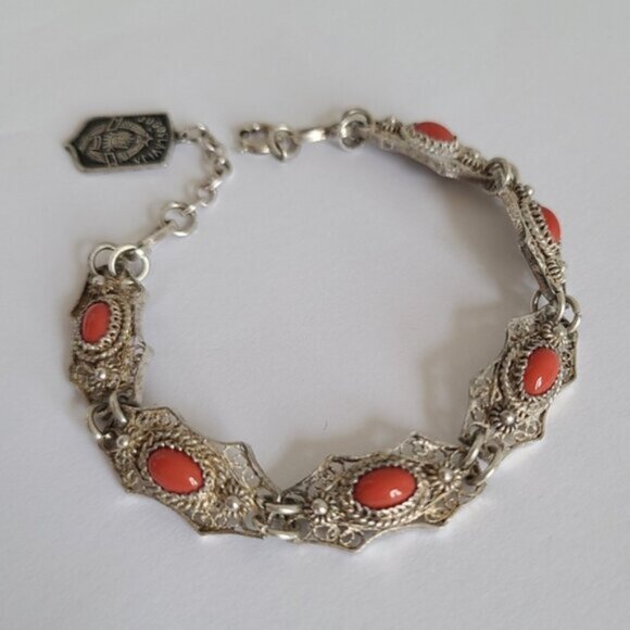 Vintage Antique Boho Sterling Silver Red Coral Cabochon Filigree Chain Bracelet - Picture 4 of 15